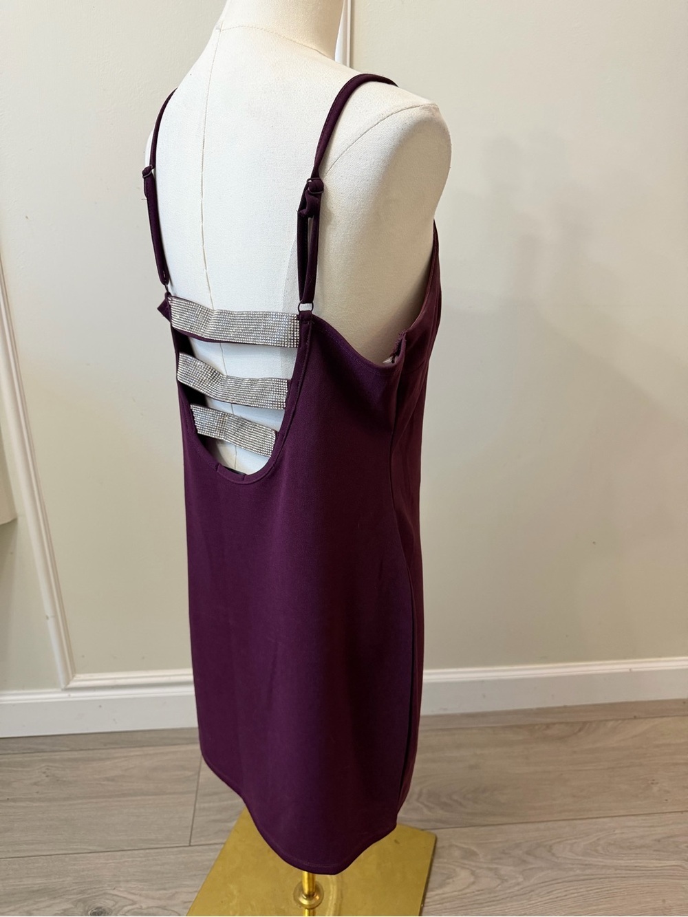 Plum Backless Bodycon Mini Dress with Metallic Back Straps - Picture 4 of 6